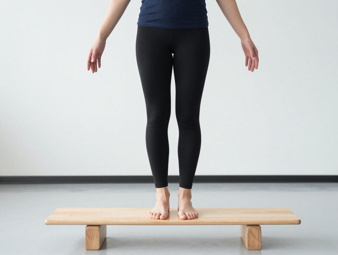 A person standing on one leg on a wooden balance board in a bright minimalist studio space, arms relaxed at sides, demonstrating single-leg postural control