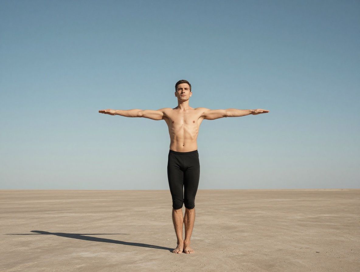 A single human figure in a balanced standing pose photographed from a low angle against a vast open sky, conveying stillness and physical harmony, cinematic lighting with long shadows