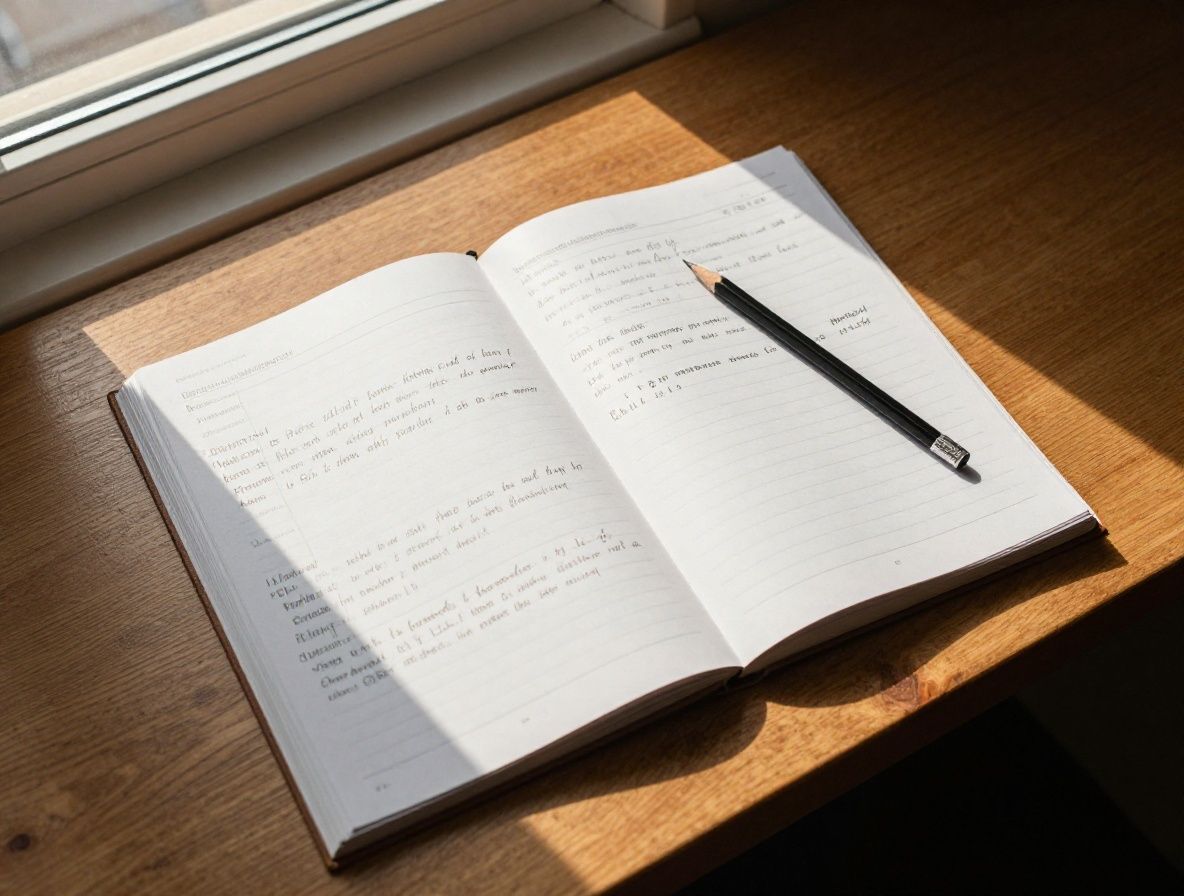 An overhead view of a wooden research desk with open academic journals, handwritten notes and a pencil, bathed in warm afternoon light through a tall window, evoking careful scholarly inquiry